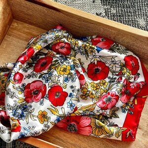 Vintage Satin Large Square Scarf Red White Yellow Blue Floral Classic Feminine